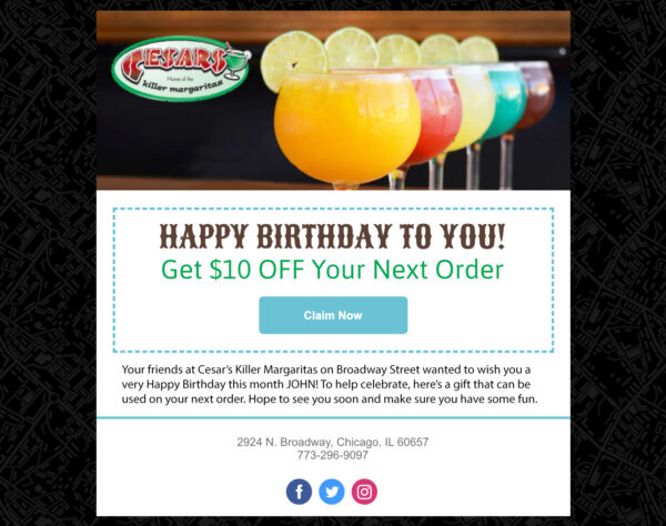 personalized birthday emails for restaurants